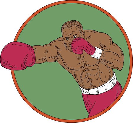 simsearch:400-08623964,k - Drawing sketch style illustration of an african-american boxer doing a right hook punch set inside circle on isolated background. Foto de stock - Royalty-Free Super Valor e Assinatura, Número: 400-08916761