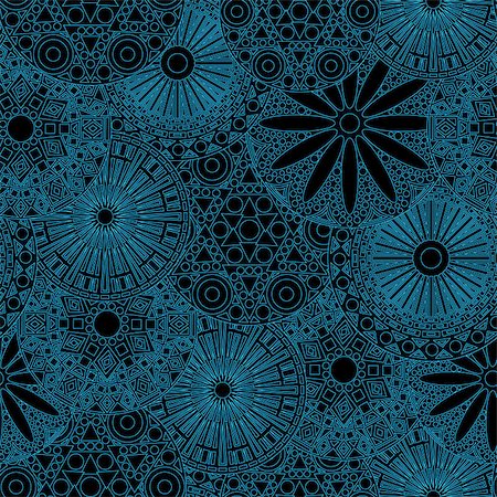 simsearch:400-08920015,k - Lacy seamless floral pattern with various stylized geometric blue flowers on the black background, vector illustration Stockbilder - Microstock & Abonnement, Bildnummer: 400-08916796