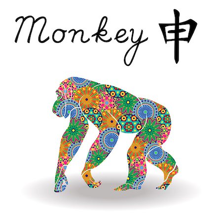 simsearch:400-08920017,k - Chinese Zodiac Sign Monkey, Fixed Element Metal, symbol of New Year on the Eastern calendar, hand drawn vector stencil with color geometric flowers isolated on a white background Stockbilder - Microstock & Abonnement, Bildnummer: 400-08916800