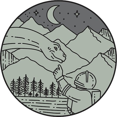 simsearch:400-08920013,k - Mono line style illustration of an astronaut touching brontosaurus dinosaur head set inside circle with mountain, moon, stars and trees in the background. Foto de stock - Royalty-Free Super Valor e Assinatura, Número: 400-08916902