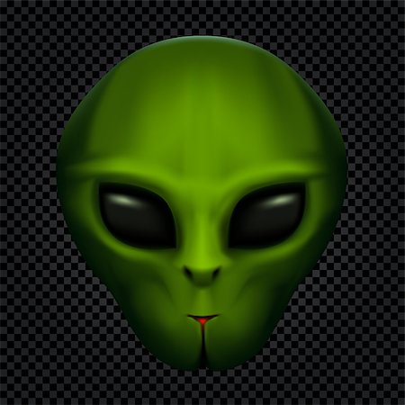 Green alien face with black eyes on transparent dark background. Invader head. UFO theme Photographie de stock - Aubaine LD & Abonnement, Code: 400-08916936