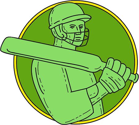 simsearch:400-08920013,k - Mono line style illustration of a cricket player batsman wearing helmet holding bat on shoulder viewed from front set inside circle on isolated background. Foto de stock - Royalty-Free Super Valor e Assinatura, Número: 400-08916994