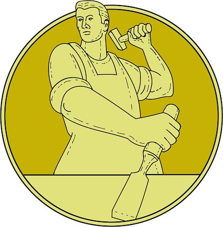 simsearch:400-08920013,k - Mono line style illustration of a carpenter carver holding hammer and chisel chiseling looking to the side viewed from front set inside circle on isolated background. Foto de stock - Royalty-Free Super Valor e Assinatura, Número: 400-08916992