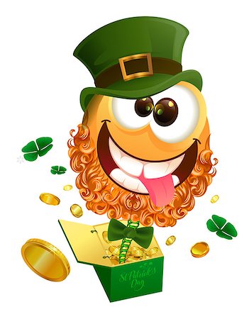 Smile jester in hat Patrick jumps out of box. Isolated on white vector illustration Stock Photo - Budget Royalty-Free & Subscription, Code: 400-08917011