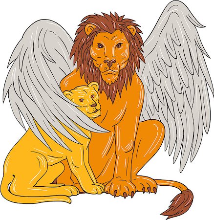 simsearch:400-05077674,k - Drawing sketch style illustration of a winged lion, a mythological creature that resembles a lion with bird-like wings, protecting it's cub by putting it under it's wing set on isolated white background. Photographie de stock - Aubaine LD & Abonnement, Code: 400-08917045
