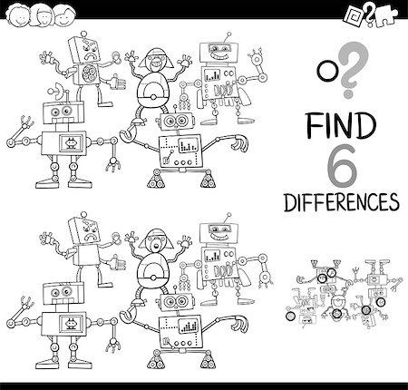simsearch:400-08916719,k - Black and White Cartoon Illustration of Finding the Difference Educational Activity for Children with Robot Characters Coloring Page Stock Photo - Budget Royalty-Free & Subscription, Code: 400-08917089