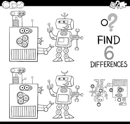 simsearch:400-08551227,k - Black and White Cartoon Illustration of Finding the Difference Educational Activity for Children with Robot Characters Coloring Page Stock Photo - Budget Royalty-Free & Subscription, Code: 400-08917091