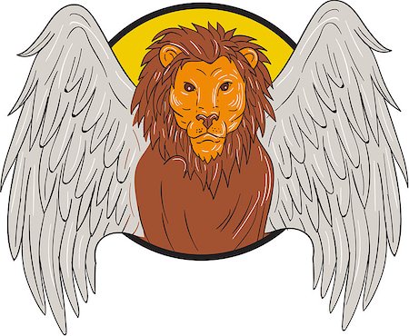 simsearch:400-08864013,k - Drawing sketch style illustration of a winged lion big cat or the lion of St. Mark head viewed from the front set inside circle. Stock Photo - Budget Royalty-Free & Subscription, Code: 400-08917304