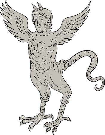 simsearch:400-08917363,k - `Drawing sketch style illustration of an ancient 16th century monster with horned human head body of an eagle and serpentine tail standing viewed from front set on isolated white background Stock Photo - Budget Royalty-Free & Subscription, Code: 400-08917364