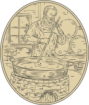 Drawing sketch style illustration of a medieval monk brewer brewing beer in brewery with barrel in background viewed from front set inside oval shape. Stock Photo - Budget Royalty-Free & Subscription, Code: 400-08917366