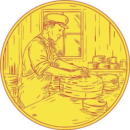 simsearch:400-08917792,k - Drawing sketch style illustration of a Swiss cheesemaker making traditional cheese block viewed from the side set inside circle. Photographie de stock - Aubaine LD & Abonnement, Code: 400-08917369