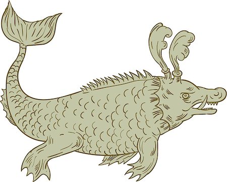 simsearch:400-08917363,k - Drawing sketch style illustration of an ancient sea monsters, marine beings from folklore believed to dwell in the sea and often imagined to be of immense size set on isolated white background viewed from the side Stock Photo - Budget Royalty-Free & Subscription, Code: 400-08917363