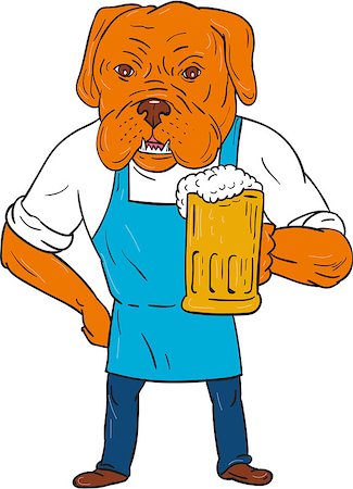 simsearch:400-08574574,k - Illustration of a Dogue de Bordeaux, Bordeaux Mastiff, French Mastiff or Bordeaux dog, a large French Mastiff breed one of the most ancient French dog breeds brewer wearing apron holding beer mug with one hand on hip viewed from front set on isolated white background done in cartoon style. Stock Photo - Budget Royalty-Free & Subscription, Code: 400-08917389