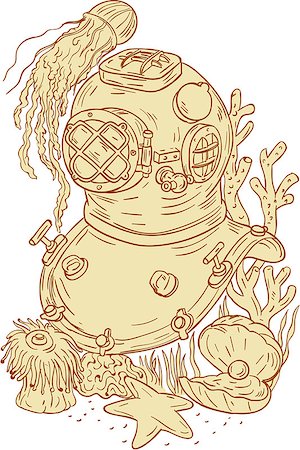 Drawing sketch style illustration of a copper and brass old school dive diving helmet underwater with jellyfish, starfish, oyster with pearl and coral set on isolated white background. Stock Photo - Budget Royalty-Free & Subscription, Code: 400-08917393