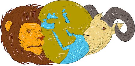 simsearch:400-08916977,k - Drawing sketch style illustration of a map globe showing europe, middle east and africa  in between the heads of a lion and goat set on isolated white background. Stock Photo - Budget Royalty-Free & Subscription, Code: 400-08917457