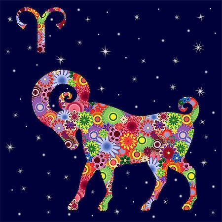 simsearch:400-09052492,k - Zodiac sign Aries with colorful flowers fill on a background of the dark blue starry sky, vector illustration Stock Photo - Budget Royalty-Free & Subscription, Code: 400-08917478