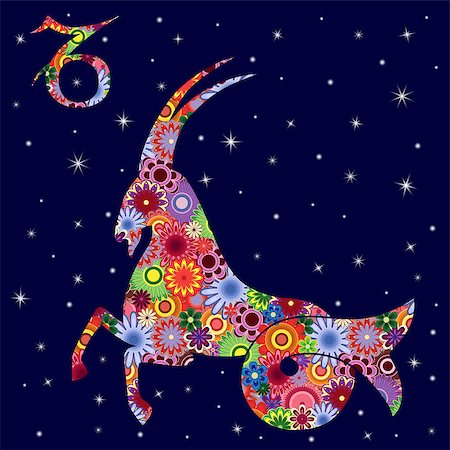 simsearch:400-09052492,k - Zodiac sign Capricorn with colorful flowers fill on a background of the dark blue starry sky, vector illustration Stock Photo - Budget Royalty-Free & Subscription, Code: 400-08917479