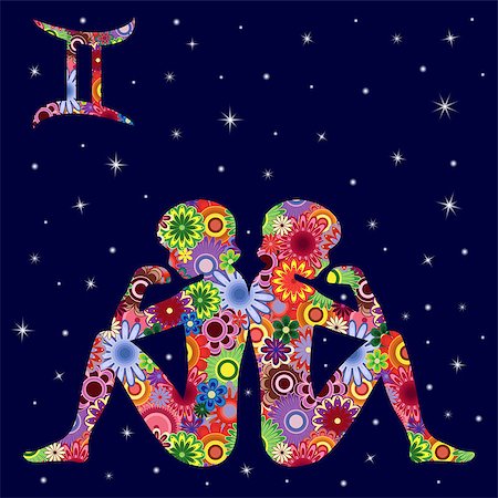 Zodiac sign Gemini with colorful flowers fill on a background of the dark blue starry sky, vector illustration Foto de stock - Super Valor sin royalties y Suscripción, Código: 400-08917483