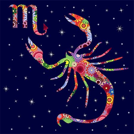 simsearch:400-09052492,k - Zodiac sign Scorpio with colorful flowers fill on a background of the dark blue starry sky, vector illustration Stock Photo - Budget Royalty-Free & Subscription, Code: 400-08917498