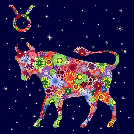 simsearch:400-09052492,k - Zodiac sign Taurus with colorful flowers fill on a background of the dark blue starry sky, vector illustration Stock Photo - Budget Royalty-Free & Subscription, Code: 400-08917499