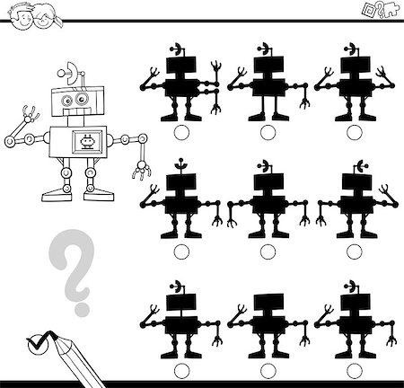 simsearch:400-08916719,k - Black and White Cartoon Illustration of Find the Shadow without Differences Educational Activity for Children with Robot Character Coloring Page Stock Photo - Budget Royalty-Free & Subscription, Code: 400-08917547