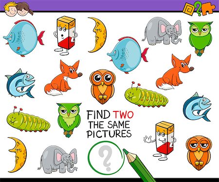 simsearch:400-08917554,k - Cartoon Illustration of Finding Two Identical Pictures Educational Game for Children Photographie de stock - Aubaine LD & Abonnement, Code: 400-08917557