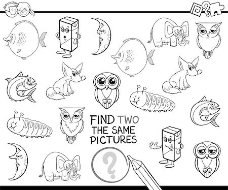 simsearch:400-08917554,k - Black and White Cartoon Illustration of Finding Two Identical Pictures Educational Game for Children Coloring Page Stockbilder - Microstock & Abonnement, Bildnummer: 400-08917558
