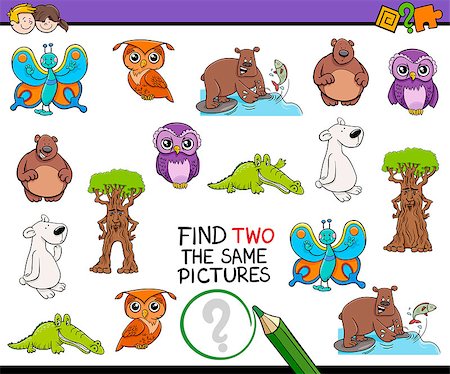 simsearch:400-08917554,k - Cartoon Illustration of Finding Two Identical Pictures Educational Game for Kids Photographie de stock - Aubaine LD & Abonnement, Code: 400-08917559