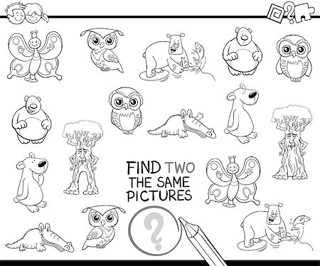simsearch:400-09051285,k - Black and White Cartoon Illustration of Finding Two Identical Pictures Educational Game for Kids Coloring Page Stock Photo - Budget Royalty-Free & Subscription, Code: 400-08917560