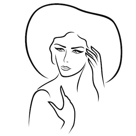 reverie - Beautiful serious young lady in the wide-brimmed hat gesticulated her hands, vector outline Stock Photo - Budget Royalty-Free & Subscription, Code: 400-08917656