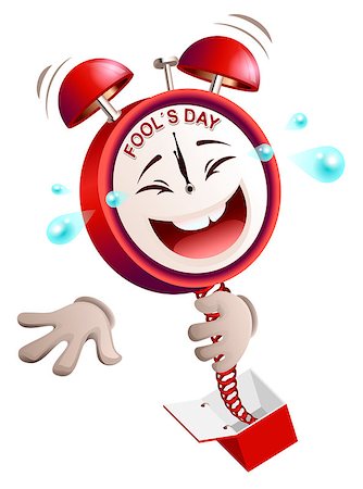 simsearch:400-09065162,k - Fools day time. Clock hours service laughs surprise on spring from box. Isolated on white vector illustration Stock Photo - Budget Royalty-Free & Subscription, Code: 400-08917662