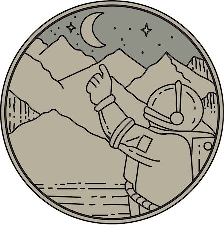 simsearch:400-08920013,k - Mono line style illustration of an astronaut pointing at moon and stars with mountain in the background set inside circle. Foto de stock - Royalty-Free Super Valor e Assinatura, Número: 400-08917712