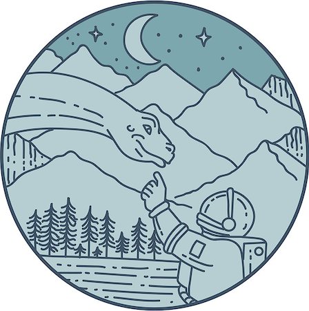 simsearch:400-08920013,k - Mono line style illustration of an astronaut touching brontosaurus dinosaur head set inside circle with mountain, moon, stars and trees in the background. Foto de stock - Royalty-Free Super Valor e Assinatura, Número: 400-08917713