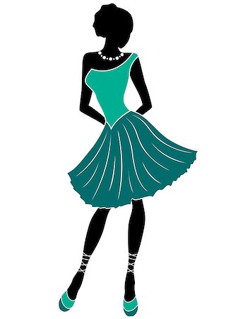 simsearch:400-07466197,k - Abstract attractive graceful girl posing in short gown and in respective shoes in turquoise hues, hand drawn vector stencil illustration Stock Photo - Budget Royalty-Free & Subscription, Code: 400-08917766
