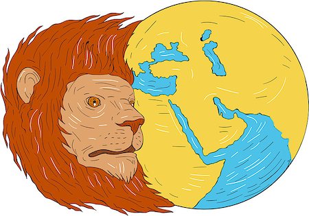 simsearch:879-09191563,k - Drawing sketch style illustration of a lion head with flowing mane looking to the side with middle east and asia map globe set on isolated white background. Stockbilder - Microstock & Abonnement, Bildnummer: 400-08917790