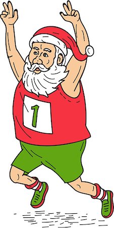 Illustration of santa claus saint nicholas father christmas running a marathon raising hands over head set on isolated white background done in cartoon style. Stock Photo - Budget Royalty-Free & Subscription, Code: 400-08917791