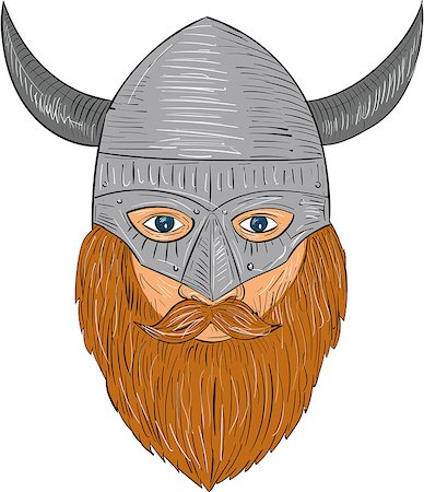 simsearch:400-08917792,k - Drawing sketch style illustration of a norseman viking warrior raider barbarian head with beard wearing horned helmet viewed from front set on isolated white background. Photographie de stock - Aubaine LD & Abonnement, Code: 400-08917847