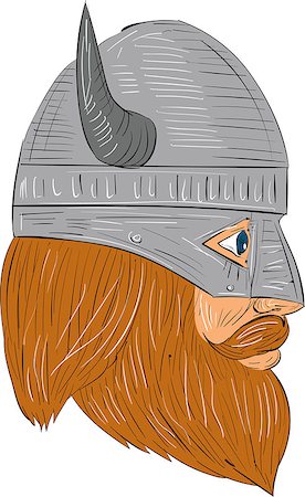simsearch:400-08917792,k - Drawing sketch style illustration of a norseman viking warrior raider barbarian head with beard wearing horned helmet viewed from the right side set on isolated white background. Photographie de stock - Aubaine LD & Abonnement, Code: 400-08917849