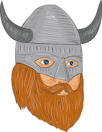 simsearch:400-08917792,k - Drawing sketch style illustration of a norseman viking warrior raider barbarian head with beard wearing horned helmet looking slightly to the side set on isolated white background. Photographie de stock - Aubaine LD & Abonnement, Code: 400-08917850