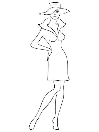 simsearch:400-07466197,k - Attractive graceful beautiful young lady standing and posing in short dress and in wide-brimmed hat, hand drown vector outline Stock Photo - Budget Royalty-Free & Subscription, Code: 400-08918034