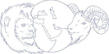 simsearch:400-08917363,k - Drawing sketch style illustration of a lion and a ram head with globe showing middle east in the middle set on isolated white background. Stock Photo - Budget Royalty-Free & Subscription, Code: 400-08918072