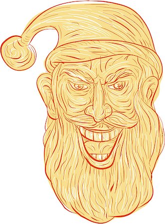 Drawing sketch style illustration of an evil looking, sinister and devilish santa claus with a wide grin viewed from front set on isolated white background/ Stock Photo - Budget Royalty-Free & Subscription, Code: 400-08918137