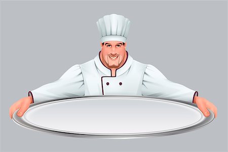 Chief cooker keeps large empty tray. Isolated vector cartoon illustration Stock Photo - Budget Royalty-Free & Subscription, Code: 400-08918226