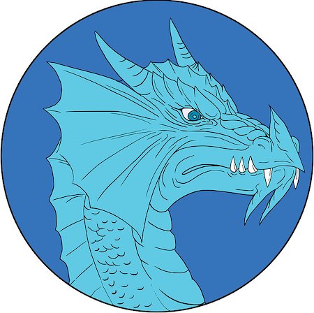 side view of dragon in color - Drawing sketch style illustration of a head of an angry blue dragon viewed from the side set inside circle on isolated background. Stock Photo - Budget Royalty-Free & Subscription, Code: 400-08918366