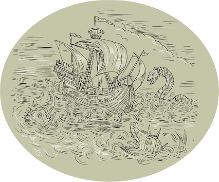 simsearch:400-08917363,k - Medieval drawing sketch style illustration of a tall ship sailing in turbulent ocean sea with serpents and sea dragons around set inside oval shape. Stock Photo - Budget Royalty-Free & Subscription, Code: 400-08918370