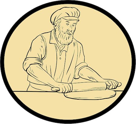 simsearch:400-08917792,k - Drawing sketch style illustration of a  baker chef cook in medieval times holding rolling pin rolling on dough viewed from front set inside oval shape with on isolated background. Photographie de stock - Aubaine LD & Abonnement, Code: 400-08918455