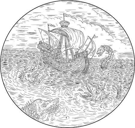 simsearch:400-08916977,k - Drawing sketch style illustration of a tall ship sailing in turbulent ocean sea with serpents and sea dragons around set inside circle done in black and white. Stock Photo - Budget Royalty-Free & Subscription, Code: 400-08918457
