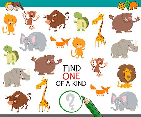 simsearch:400-08917554,k - Cartoon Illustration of Find One of a Kind Educational Activity Game for Preschool Children with Animals Stockbilder - Microstock & Abonnement, Bildnummer: 400-08918599