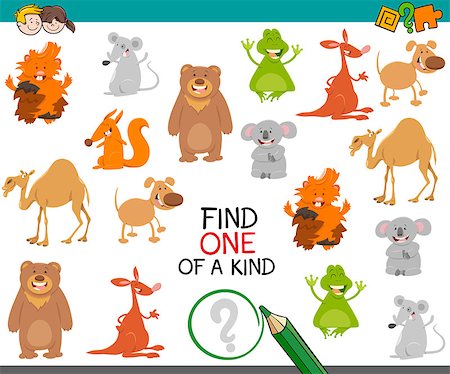 simsearch:400-08917554,k - Cartoon Illustration of Find One of a Kind Educational Activity Game for Children with Animal Characters Photographie de stock - Aubaine LD & Abonnement, Code: 400-08918600