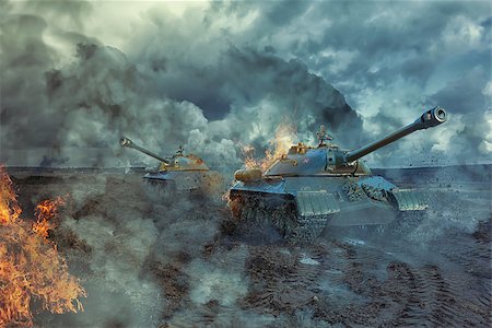 simsearch:400-07429824,k - Two tanks on the battlefield at a hot spot. Military 3D illustration Stock Photo - Budget Royalty-Free & Subscription, Code: 400-08918620